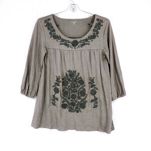 Garnet Hill Womens XS Gray Black Embroidered Flowy Boho Long Sleeve Top Blouse